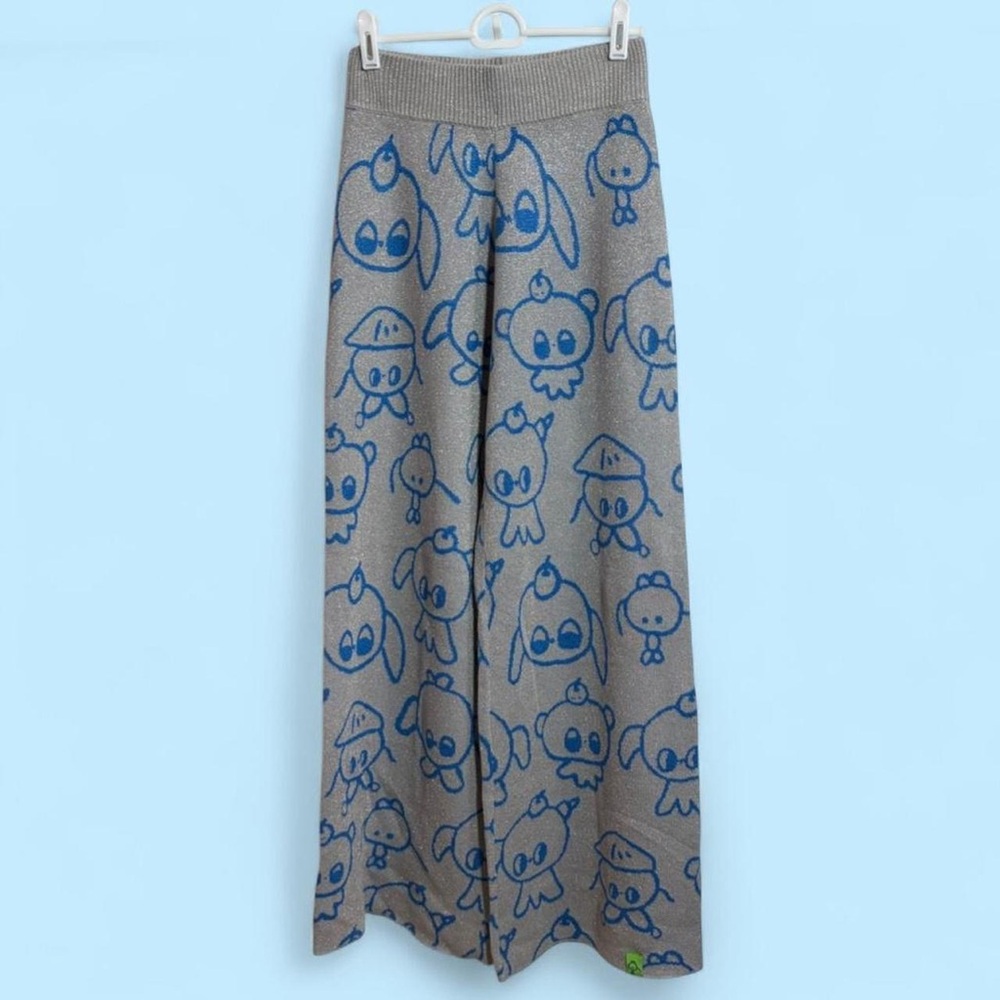 Lazy Oaf X Nhozagri Silver Knitted Pants blue and grey wide leg knit trousers 6